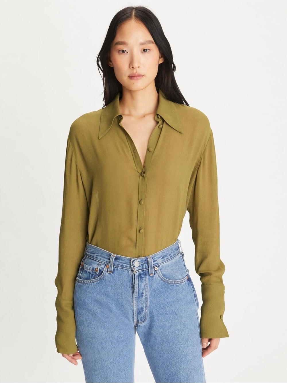 NWT [Tory Burch] Cuffed Viscose Button-Up Long-Sleeve Shirt Ash Green Women’s 4 - Picture 6 of 16